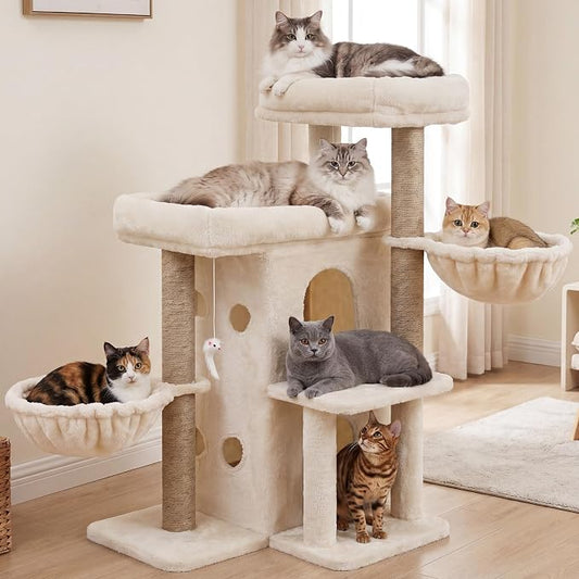Heybly Cat Tree with Reinforced Big Base, 41.3-Inch Sturdy Cat Tower for Indoor Cats Featuring 2 Roomy Platforms, Double Cat Condo, 2 Cozy Baskets, Full Sisal Scratching Posts, Beige HCT075MJ