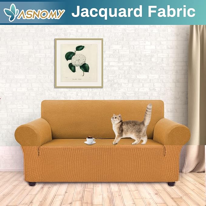 Asnomy Sofa Covers for 2 Cushion Couch Stretch loveseat Covers Slipcovers, Pet Protector Furniture Covers for Dogs Cats Spandex Jacquard Fabric Small Checks （Medium， Golden）