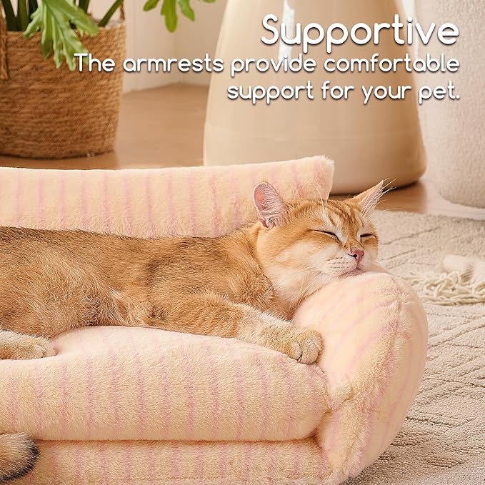 Hollypet Cat Bed Fluffy Plush Multifunctional Double-Layer Machine Washable Soft Warming Kitty Pet Couch Orthopedic Nest Beds for Small Cats Kitten and Dogs up to 13lbs, Pink Stripes(21x15x8 inch)