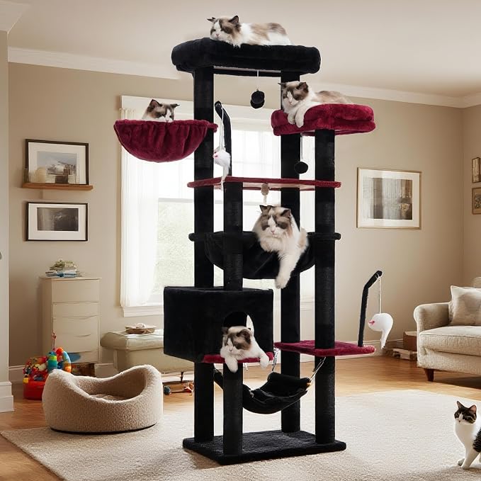 Gitelsnour Gothic Cat Tree, Cat Tower for Large Cats with 2 Big Platforms, 2 Baskets, condo and Toys, 63" Cat Scratching Posts for Indoor Cats, Black and red GCT020BR