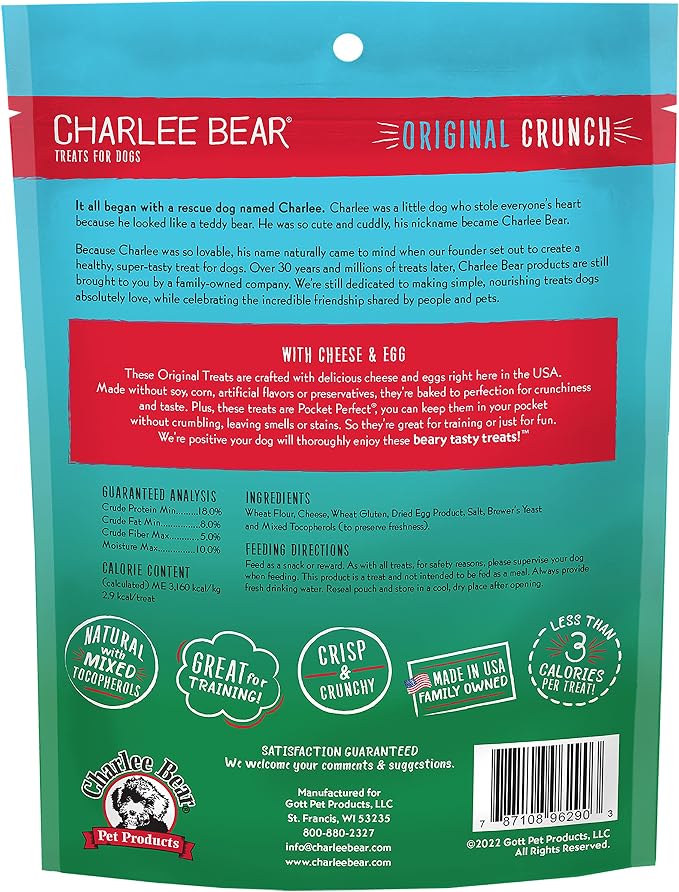 Charlee Bear Dog Training Treats, Cheese & Egg Recipe, Low Calorie (Under 3 Calories), Limited Ingredient Crunchy Dog Treats, 16 oz. Resealable Bag