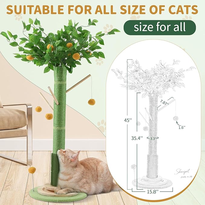Cat Scratching Post, 45 Inch Tall Cat Scratcher Tree for Indoor Cats Adults with Natural Sisal Rope, Large Scratching Posts with Rubber Brush, 3-Layer Solid Wood Base and Balls Track Toy