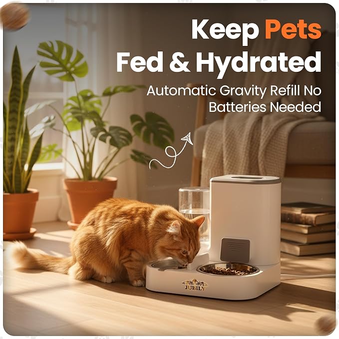 Automatic Cat Feeder & Water Dispenser – Gravity Cat Feeding Station with Stainless Steel Bowl, 2.2L Food & 1L Water Capacity, Automatic Pet Feeder for Cats & Small Dogs (Grey)