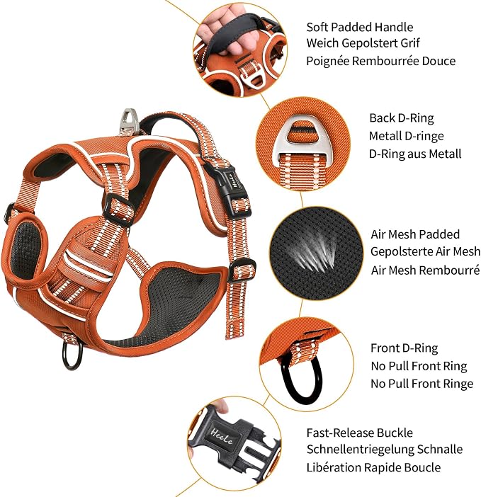 HEELE Dog Harness for Medium Dogs No Pull Dog Vest Harness with Soft Padded Handle Reflective for Outdoor Training, Pumpkin Orange, M