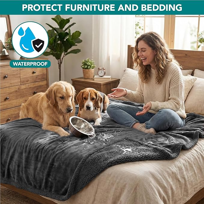 PetAmi Waterproof Dog Blanket for Couch, Extra Large 80x60, Pee Proof Sherpa Fleece Reversible Pet Throw, Furniture Protector for Bed Sofa Crate Kennel, Soft Washable Cover for Dog Cat, Grey Sherpa