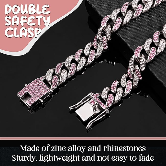 LEIFIDE Dog Chain Collar Diamond Link Puppy Collar 12 mm Wide Dog Necklace Metal Cat Chain Pet Crystal Necklace Jewelry Accessories for Small Medium Large Pet(14 Inch,Silver, Pink White)