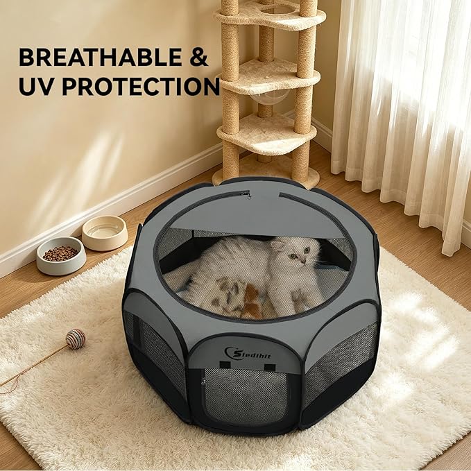 Siedihit Dark Grey Dog Cat Playpen, Puppy Pet Playpen, Small Dogs Tent Crates Cage Indoor/Outdoor, Portable Pop Up Dog Kennel Playpen with Carrying Case for Dogs/Cats/Rabbits