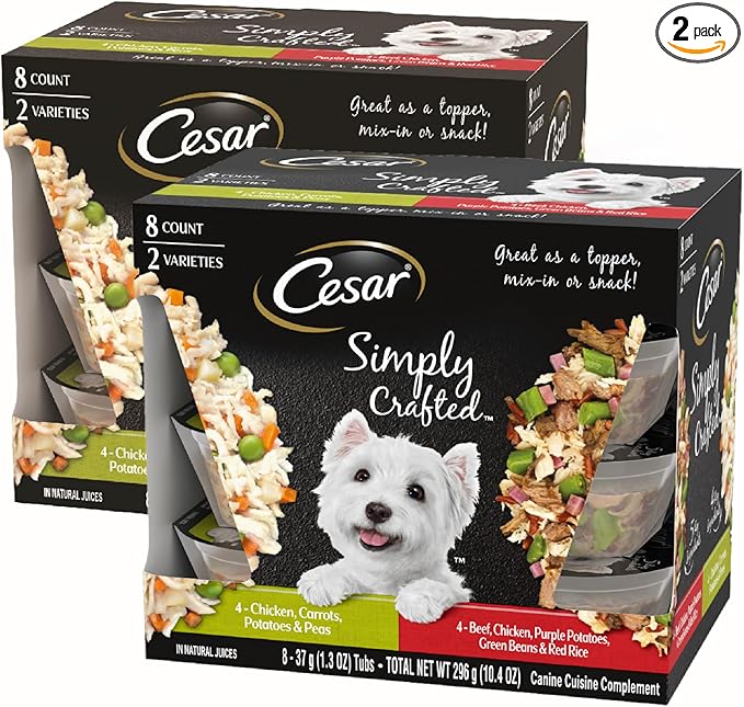 Cesar Simply Crafted Wet Dog Food Toppers for Dry Food, Chicken, Carrots, Potatoes & Peas and Beef, Chicken, Purple Potatoes, Green Beans & Red Rice Variety Pack, 1.3 oz. Tubs, 8 Count (Pack of 2)