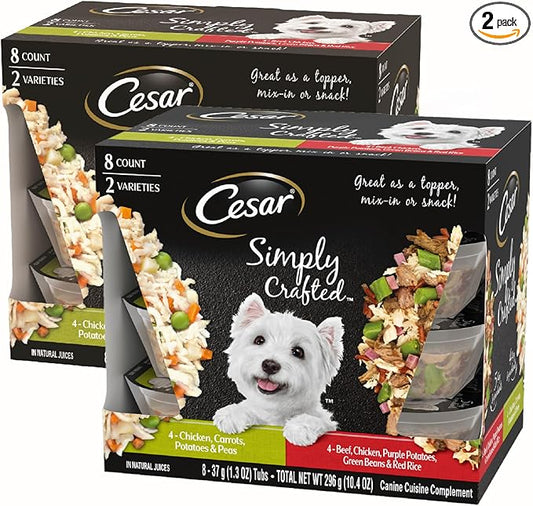 Cesar Simply Crafted Wet Dog Food Toppers for Dry Food, Chicken, Carrots, Potatoes & Peas and Beef, Chicken, Purple Potatoes, Green Beans & Red Rice Variety Pack, 1.3 oz. Tubs, 8 Count (Pack of 2)