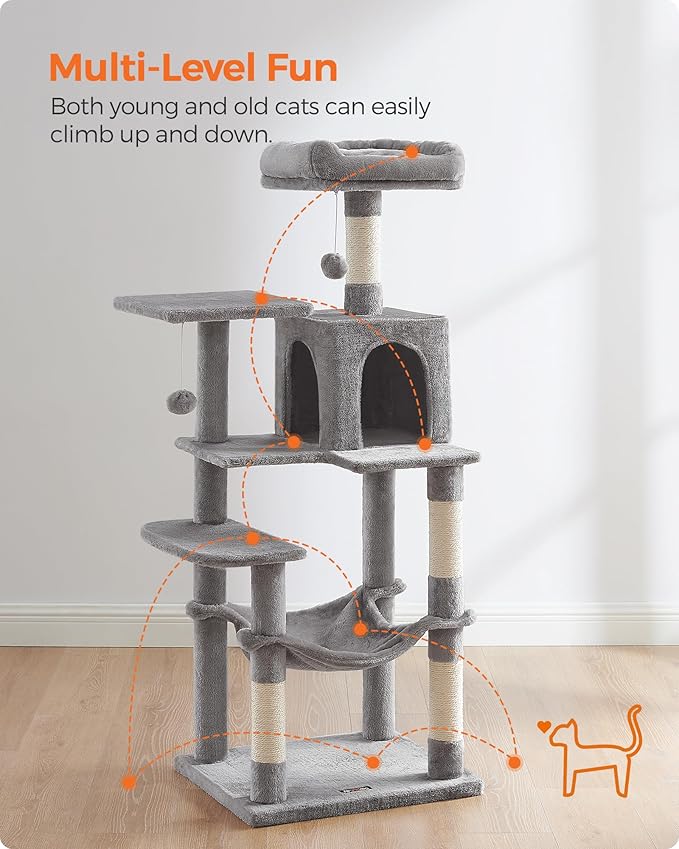 Feandrea Cat Tree, 54.2-Inch Cat Tower, Plush Multi-Level Condo with 4 Scratching Posts, 2 Perches, Hammock, Cave, Light Gray UPCT161W01