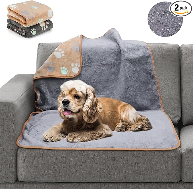 YUEPET Waterproof Dog Blankets, 2 Pack Washable Dog Blankets for Bed Couch Sofa Protector Fleece Flannel Puppy Blanket Soft Plush Reversible Throw Blanket for Medium Dogs Cats 40''×30"(Grey+Coffee)