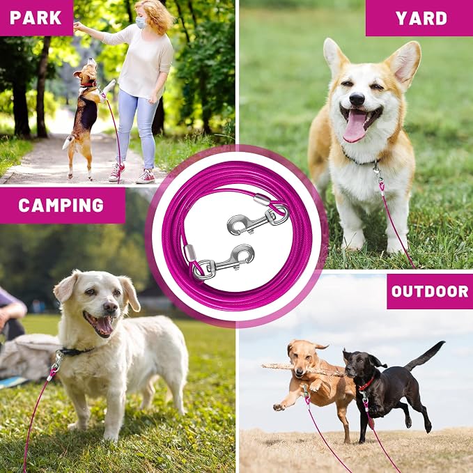 Dog Tie Out Cable 10/15/20/25/30/50 FT Runner for Yard Steel Wire Cable with Durable Superior Clips Pink Dogs Chains for Outside Dog Lead for Large Dogs Up to 165 lbs