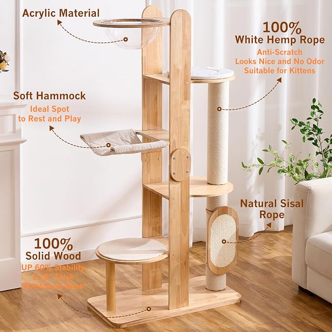 HITTITE Solid Wood Cat Tree Tower with Scratching Post, 64 Inches Tall Cat Towers with Scratching Board, Modern Cat Tower with Space Capsule and Removable Top Bed for Indoor Cats