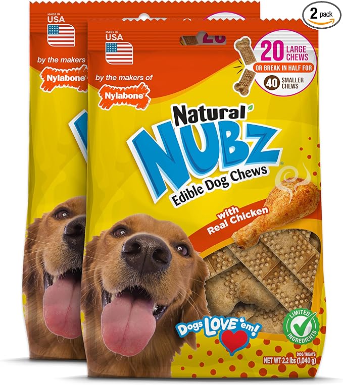 Nylabone Nubz Natural Dog Chew Treats for Large Dogs, Long Lasting Dog Chew Bones Made in the USA, Chicken Flavor Breath Freshener Dental Chews, Large Dog Bones For Dogs Over 30 lbs. (40 Count)