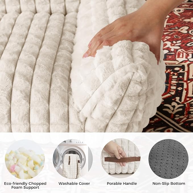 Cat Beds for Indoor Cats - Cute Cat Couch Bed Fluffy Pet Sofa with Faux Rabbit Fur Washable Cover, Fuzzy Pet Couch in 3D Diamond Pattern, Suppportive Large & Small Cats Sofa, 24inch Off White