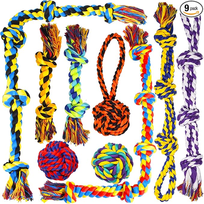 SHARLOVY Large Tough Chew Toys for Aggressive Chewers Large Breed,Heavy Duty Dental Rope Toys Kit for Medium Dogs,5 Knots Indestructible Cotton Puppy Teething Chew Tug Toy Set of 9