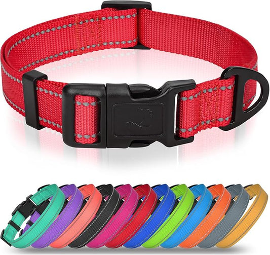 Joytale Dog Collars for Small Dogs, Feather-Light Double-Sided Reflective Nylon Collar for Night Safety, Adjustable Quick-Release for Growing Puppies, Red, S (5/8" Width)