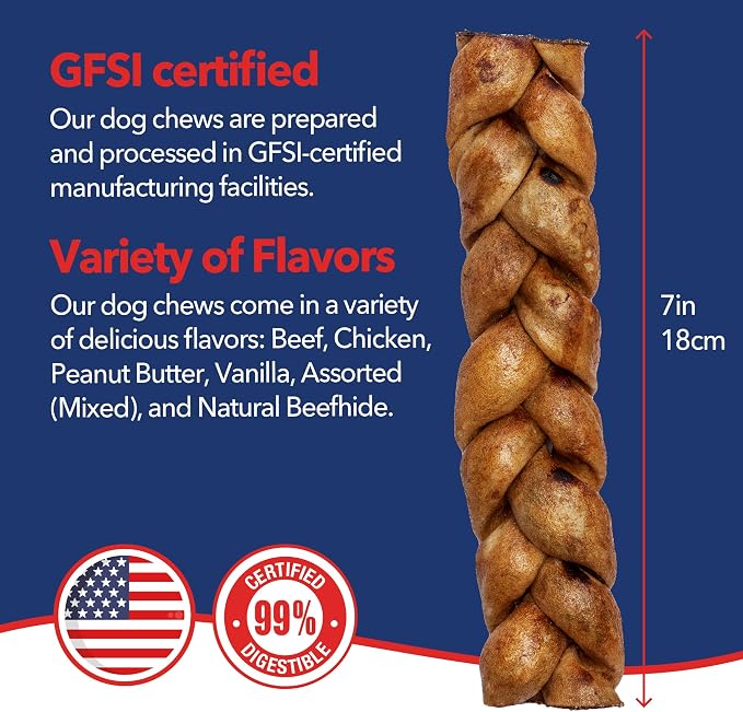 Pet Factory 7in Braided Beefhide Dog Chew Sticks with Peanut Butter Flavor - 100% USA Made Rawhide Chews for Medium Dogs,Long Lasting Dental Health,7 inches,6 Count (Pack of 2)