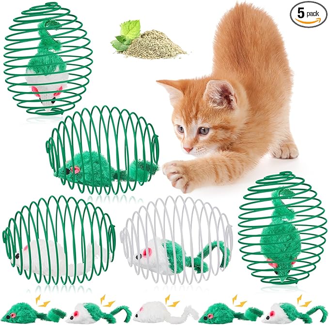 Jecery 5 Pcs Cat Spring Balls Toys Stretchable Rolling Balls Colorful Playful Coils Interactive Action Toy Caged Rats for Kitten Pet Supplies (Mouse,Green)