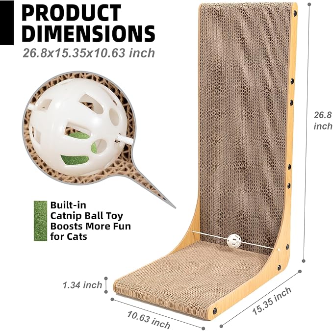 Value 2-Pack 26.8 Inch Cat Scratching Post, Premium High Density Cardboard Cat Scratcher for Multi-Cat Homes, Reinforced Durable Scratching Pad with Catnip Toy Ball for Indoor Cats
