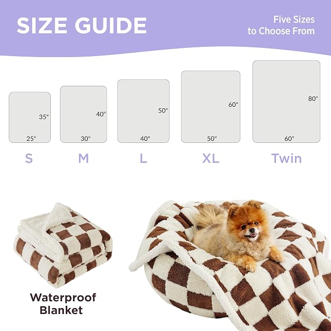 LE SURE Waterproof Puppy Blanket for Small Dogs - Washable Double Sided Dog Blankets with Warm Jacquard Shag and Soft Sherpa Fleece, Pet Cat Blanket for Couch Protection, 3D Textured Checks, Brown