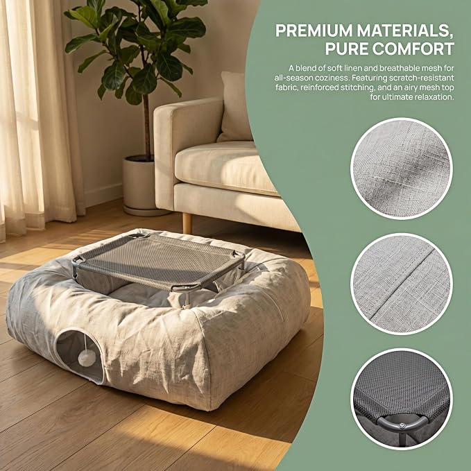 XxingSheep 2-Tier Hammock XXL Cat Tunnel Bed, 4 Cave Premium Hemp Fabric for Indoor Cats Toys Cave Donut with Soft Mat