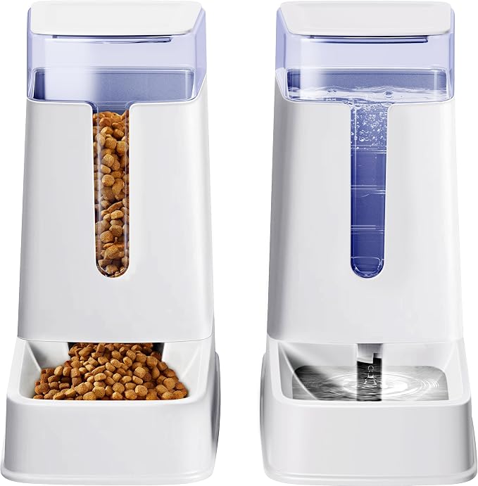 2 Packs Automatic Cat Feeder and Waterer, Gravity Dog Food and Water Dispenser Set for Small Medium Big Pets Cats Dogs Puppy Kitten, 1 Gallon x 2 (White)
