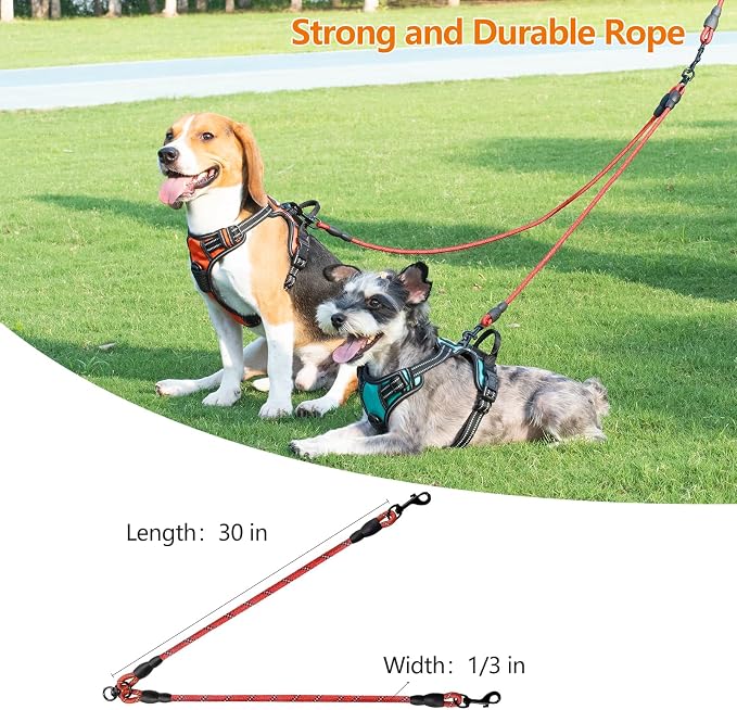 Taglory Double Dog Leash Coupler for Two Dogs, 1/3" Lightweight Dual Leash Extension for Small and Medium Dogs, No Tangle 360° Swivel, Reflective Rope, 30 Inch, Red