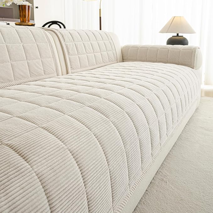 Velvet Couch Covers for Sectional Sofa Washable, Non-Slip L Shaped Sectional Couch Cover, Soft Pet Couch Covers for Sofas, Furniture Slipcovers for Single Sofa(1PC,35"x35",Beige White)