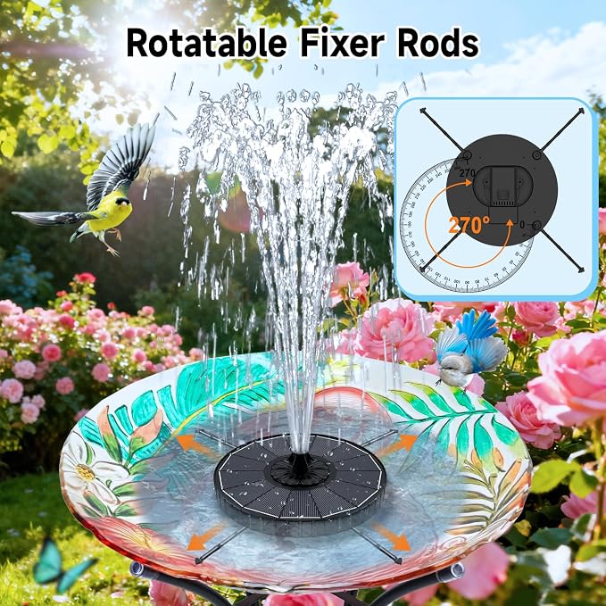 Yzert Solar Fountain, 3-Level Adjustable Water Height, 3.5W Glass Powerful Outdoor Fountain Pump with Rotating Rods & 7 Nozzles for Bird Bath, Garden, Pond, Patio, Flower Pot (2026 Model, Black)