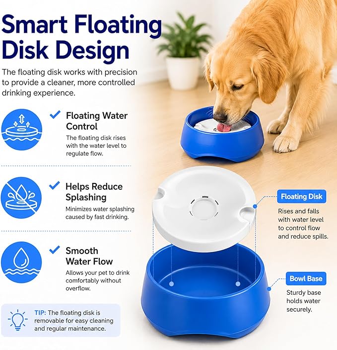 No Spill Dog Water Bowl, Pet Floating Water Bowl No Wet Mouth, Anti Splash & Anti Tip Slow Water Feeder, Keeps Fur Dry Clean Drinking Bowl for Dogs & Cats, Large Capacity Travel Friendly
