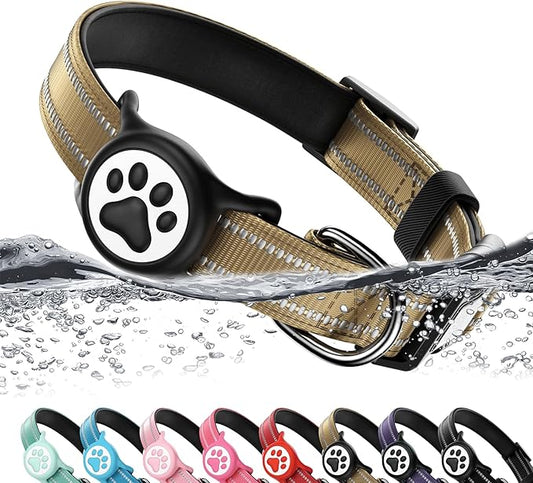 Airtag Dog Collar, Reflective Ultra-Durable Nylon Padded with QR Code Buckle & IP68 Waterproof Air Tag Holder Compatible for Apple AirTag, Comfortable for Small Medium Large Dogs(Brown,S)