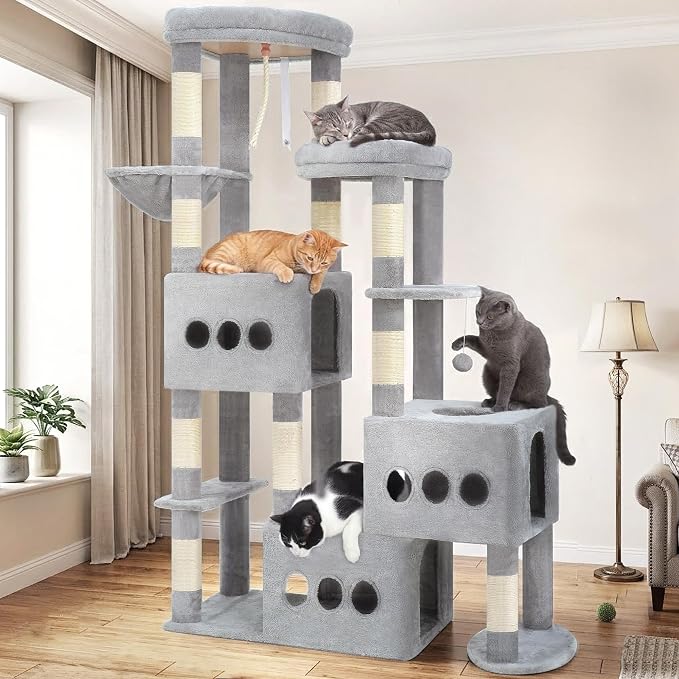 Gitelsnour Sturdy Cat Tree with 3 Large Cat Condos, 3 Platfroms, 71.7'' Cat Tree Tower for Indoor Cats Large Adult, Heavy Duty Cat Tower with 10 Scratching Posts for 20 lbs+Cats, Light Gray GCT036W
