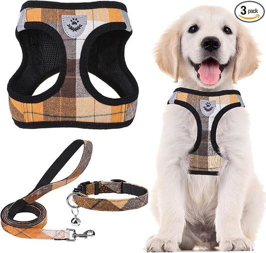 PUPTECK Adjustable Dog Harness Collar and Leash Set Step in No Pull Pet Harness for Small Medium Dogs Puppy and Cats Outdoor Walking Running, Soft Mesh Padded Reflective Vest Harnesses, Orange XL