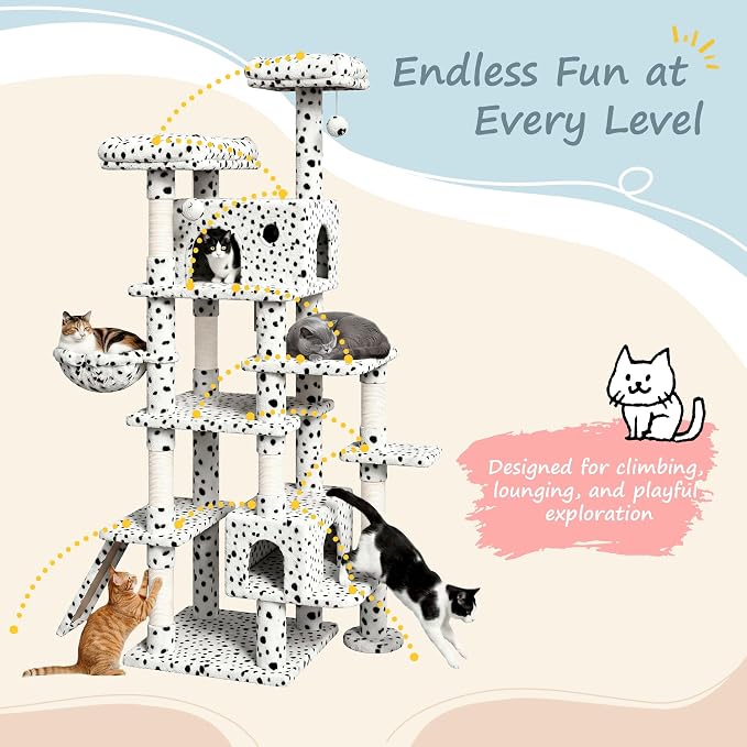 SHA CERLIN 82 inch, Multi-Level Cat Tree Tower for Indoor Cats, Cat Condo with Sisal Scratching Posts, Plush Perches, Hammocks, Toy Balls, White & Black Spot