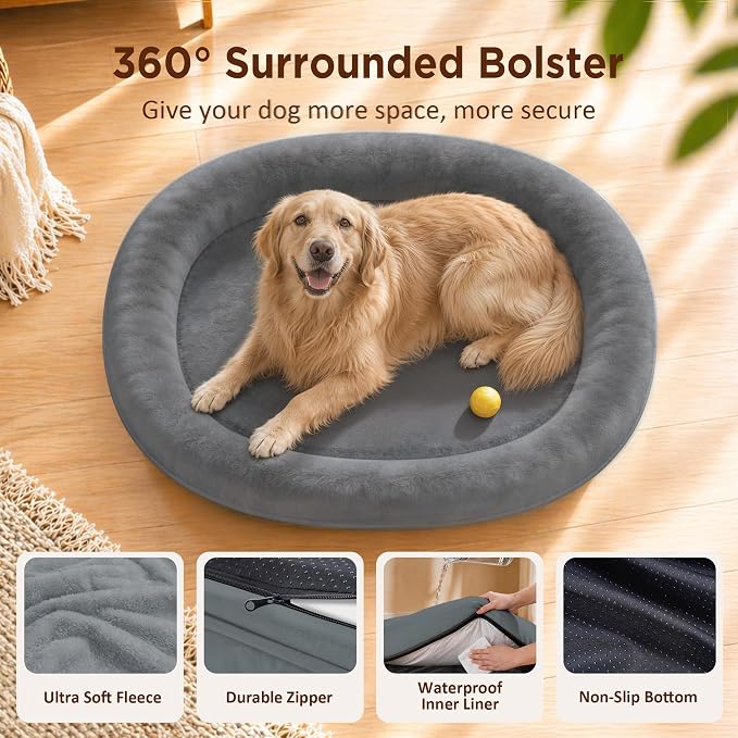 Orthopedic Dog Bed for Extra Large Dogs, XL Waterproof Dog Bed with Bolsters, Supportive Egg Crate Foam Pet Couch Bed with Removable Washable Cover & Non-Slip Bottom, Grey