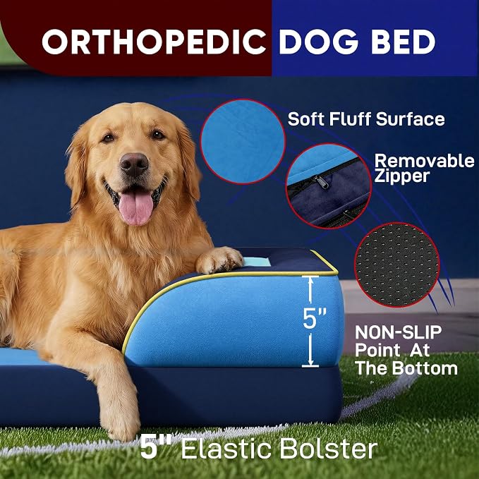 Comfort Expression Orthopedic Dog Bed for Extra Large Dogs 42x30 Inch, Waterproof Egg Crate Foam XL Pet Bed with Bolsters, Dog Couch with Washable Cover & Non-Slip Bottom, New Jersey