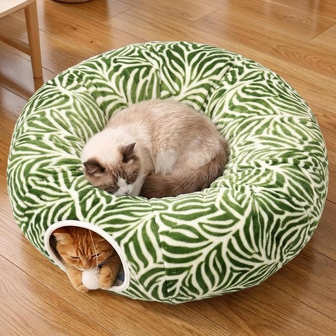 Meowfia Indoor Cat Tunnel with Donut Bed - Large Flexible Play Space for Multiple Pets - Circle or Snake Shape, Cozy Lounge (Jungle Nest)