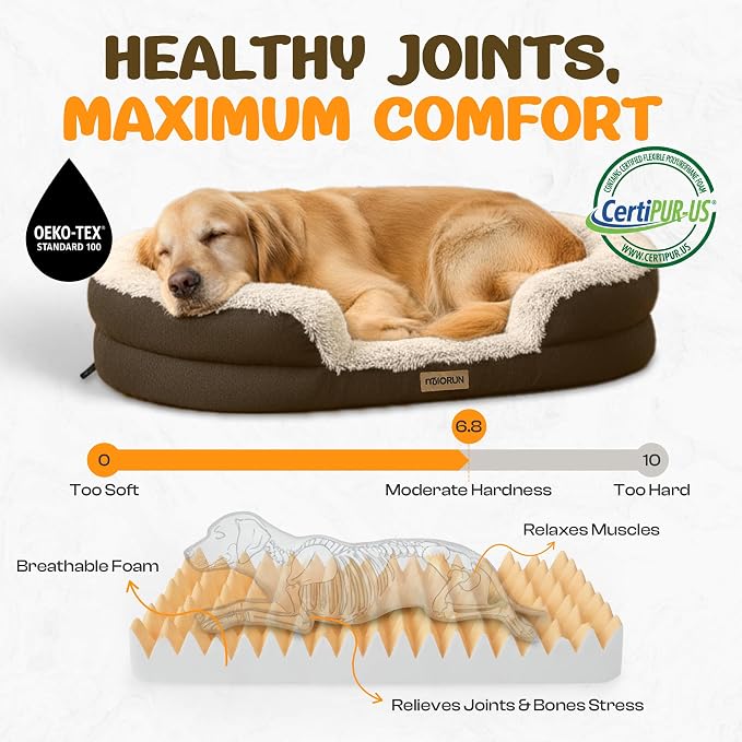 Fluffy Orthopedic Dog Bed for Extra Large Dogs, Calming Plush Sofa Bed with Curved Bolster Support and Egg-Crate Foam Base, 48" Cozy Oval Pet Donut Bed with Washable Cover, Coffee