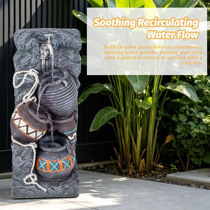 24.4" H Water Fountains Outdoor Indoor, Garden Fountains,Rustic Stacked Pot Waterfall Fountain with LED, Floor-Standing Water Feature for Patios Porch Backyards