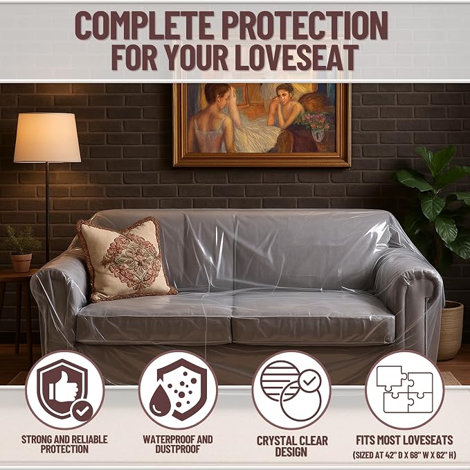 Evelots Clear Plastic Loveseat Cover - Thick Heavy Duty Vinyl 2 Seat Sofa Cover for Protection Against Cat & Dog Clawing - Stain & Dust Protector - Waterproof Slipcover for Moving & Storage