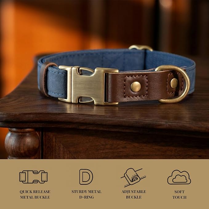 Didog Soft PU Leather Dog Collar for Large Dogs,Classic Adjustable Wide Dog Collars with Quick Release Metal Buckle,Easy Clean and Comfortable with Nylon Lining,Blue,XL Neck 20-27", Width 1¼"