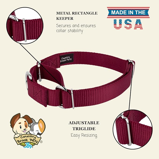 Country Brook Petz - Martingale Dog Collar - Heavy-Duty Training Collar with No Buckle - Service Dog Collar for All Pups - 20 Vibrant Colors (Burgundy, 1 Inch, Medium)
