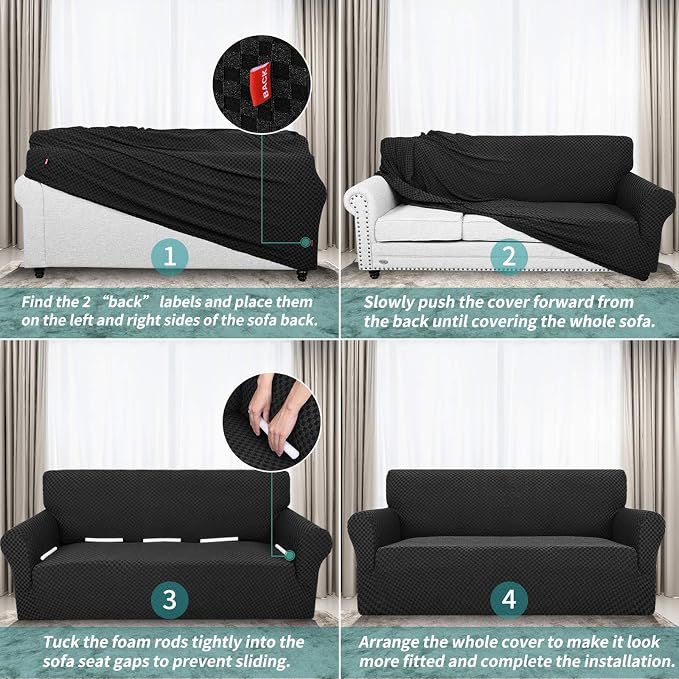 YEMYHOM Couch Cover Latest Jacquard Design High Stretch Sofa Covers for 3 Cushion Couch, Pet Dog Cat Proof Slipcover Non Slip Magic Elastic Furniture Protector (Large, Black Checkered)