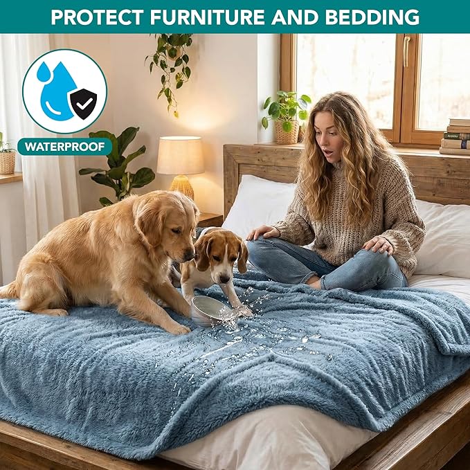 PetAmi Fluffy Waterproof Dog Blanket for Couch and Bed, Reversible Sherpa Pet Throw, Pee Proof Furniture Protector Sofa Cover, Washable Cat Blanket for Medium Large Dogs and Cats (Dusty Blue, 60x80)
