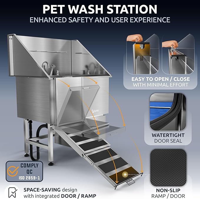 KANIS Professional Dog Washing Station 304 Stainless Steel Pet Wash Sink & Grooming Bathtub w/Shower, Floor Grates and Storage for Large, Medium & Small Pets (Silver, 40 Inches, Left Ramp, 1 Drawer)