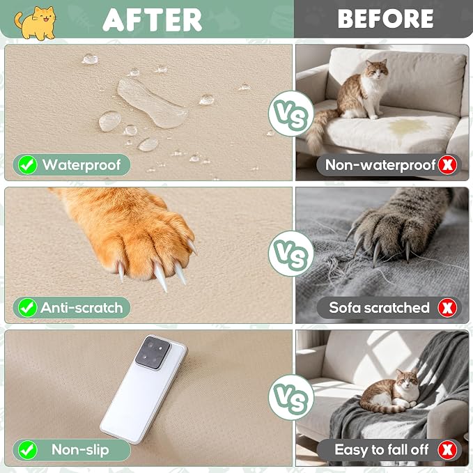 Loiion Cat Scratch Furniture Protector - Ultra Soft, Waterproof Sofa Cover to Keep Cats Off, Pet-Friendly Couch Protectors for Love Seat, Anti-Slip Couch Cover for Pets and Kids 150"X91" Almond