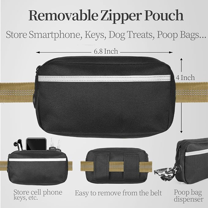 iYoShop Hands Free Dog Leash with Zipper Pouch, Dual Padded Handles and Durable Bungee for Walking, Jogging and Running Your Dog (Large, 25-120 lbs, Khaki)