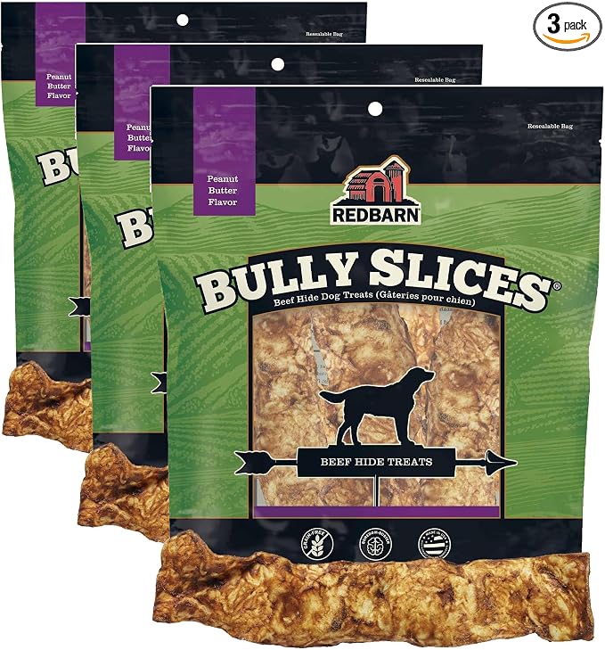 Redbarn Pet Products All-Natural Rawhide Bully Slices - Peanut Butter Flavor - Premium Grain-Free Beef Hide Treats High Protein Low Fat for Chewers - 9 oz Bag (Pack of 3)