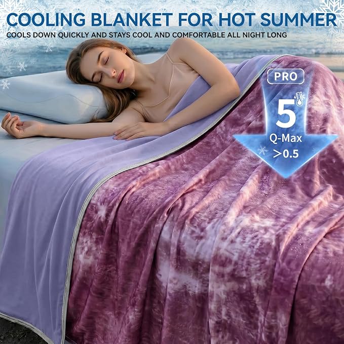 Guohaoi Cooling Throw Blanket for Hot Sleepers, Queen Size 90''×90'' Lightweight Breathable Summer Bed Blanket for Couch, Arc-Chill Q-Max >0.5 Cool Fiber,Lightweight Tie Dye Blanket Purple
